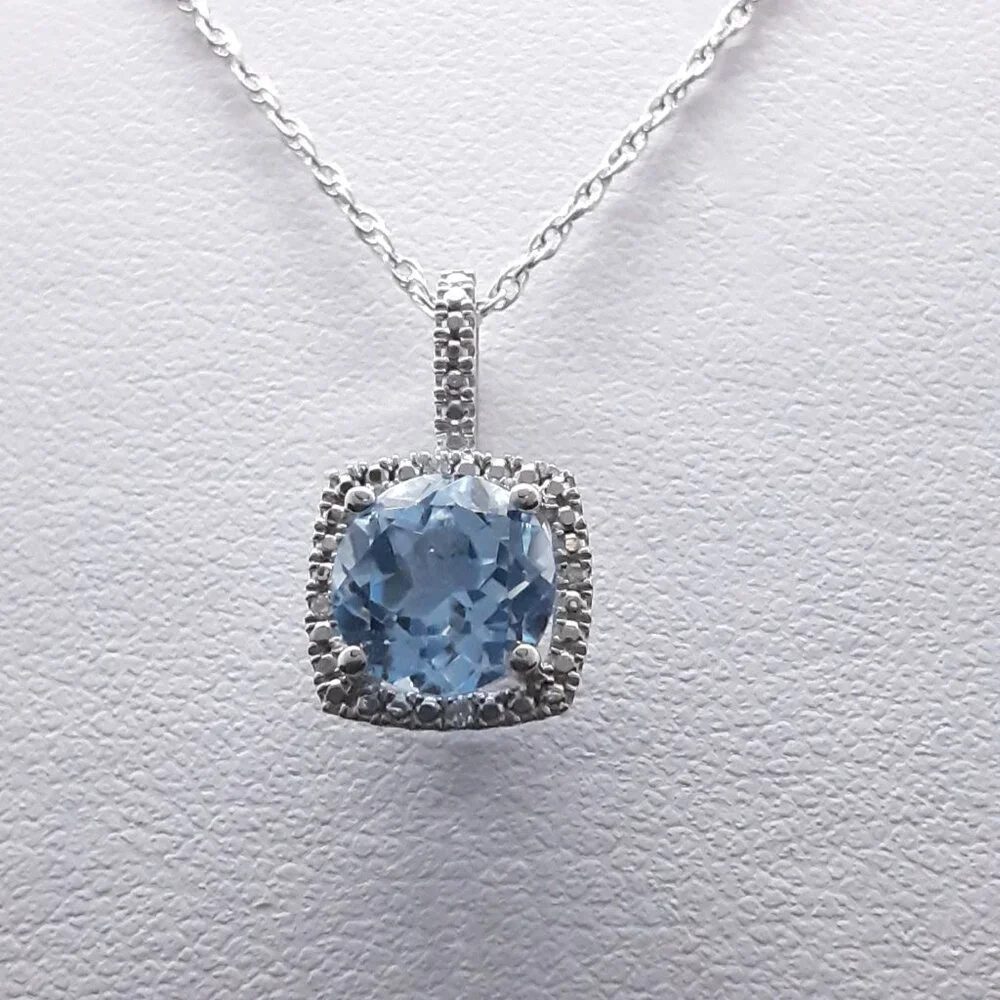 NEW sterling silver blue topaz and cz pendant necklace